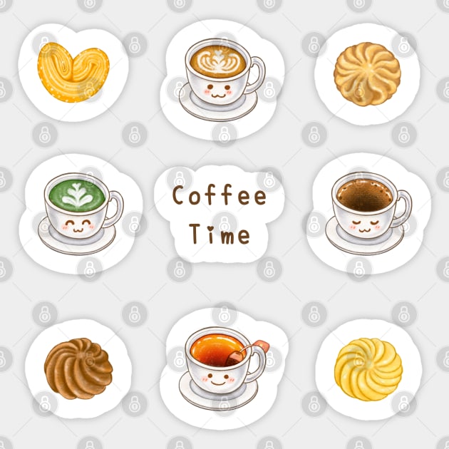 Coffee, Tea and Cookie Illustration Pack 咖啡與餅乾插畫 - Latte, Black Coffee, Black Tea, Matcha Latte, Butter Biscuits Sticker by Rose Chiu Food Illustration